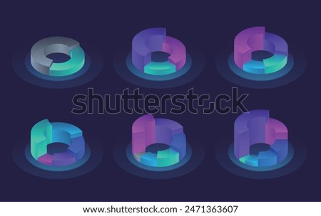 Isometric colorful 3d pie charts with 2, 3, 4, 5, 6, sections. Cool infographics