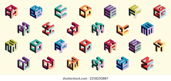 Isometric colorful alphabet. Cube font. Isometric 3d font, three-dimensional alphabet letters, vector illustration.