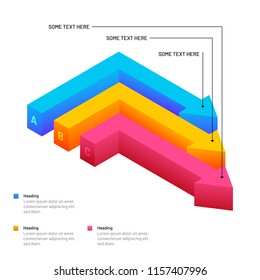 Isométricas flechas coloridas elementos infográficos con tres niveles para el concepto de crecimiento y éxito.