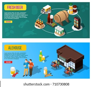 Isometric colorful banners set with beer transportation and people spending good time at alehouse 3d isolated vector illustration