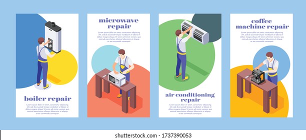 Isometric colorful banners set with workers repairing home appliances boiler microwave conditioner coffee machine 3d isolated vector illustration