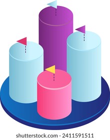 Isometrische farbige Balkendiagramme mit vier Säulen und Flaggen. Visualisierung von Geschäftsdaten, die Wachstum zeigt, Unternehmensbericht, Marktanalyse, Vektorgrafik.