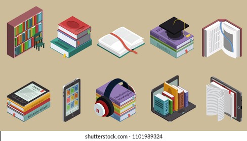 Isometric colorful books collection with bookshelf educational literature and ebooks on different devices isolated vector illustration