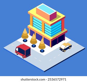 Isometric colorful building with rooftop swimming pool, passing cars, delivery truck, and trees on a city street