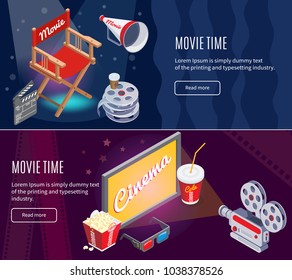 Isometric colorful cinematography horizontal banners with movie production and cinema entertainment elements vector illustration