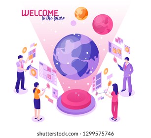 Isometric colorful concept with people using future high technologies 3d vector illustration