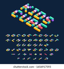 Isometric colorful cubes 3d font design, three-dimensional alphabet letters and numbers vector illustration.