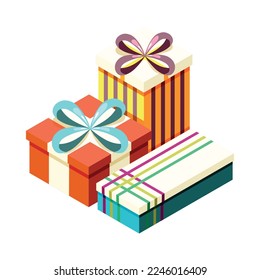 Isometric colorful gift boxes with ribbons 3d vector illustration