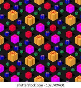 Isometric colorful giftbox seamless pattern vector on black background