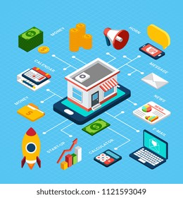 Isometric colorful infographics with various tools for digital marketing on blue background 3d vector illustration