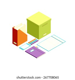 Isometric colorful items for the organization of the workplace