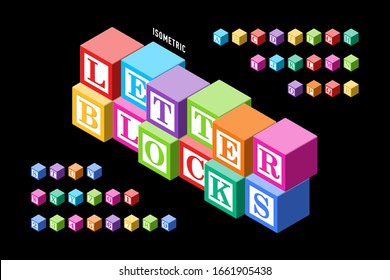 Isometric colorful letter blocks font, alphabet letters and numbers, vector illustration