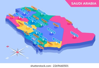 Isometric Colorful Map Of Saudi Arabia with Provinces and Capitals