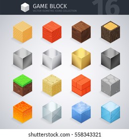 Isometric colorful material blocks for game project. Vector 3d icons collection. Clipping paths included.