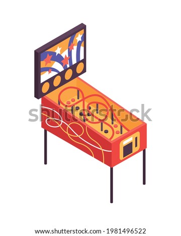 Isometric colorful retro pinball game machine on white background 3d vector illustration