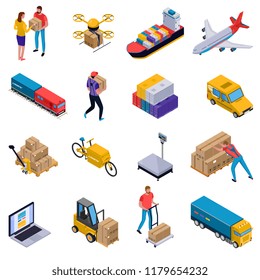 Isometric colorful set of icons with delivery transport loaders and couriers at work isolated on white background 3d vector illustration