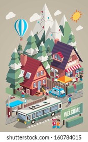 Isometric colorful vector background with ski resort and mountains