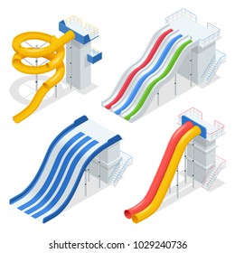 Isometric colorful water slides and tubes, aquapark equipment, set for label design. Swimming pool and water slides Vector illustration isolated on white background