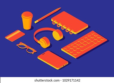 Isometric colorful yellow orange 3d object flat icons: credit card, headphones, coffee cup, pen, pencil, glasses, keyboard, smartphone, notebook lying on blue table 