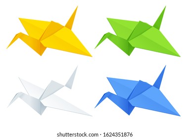 Isometric colorise set of Origami paper cranes on white background.