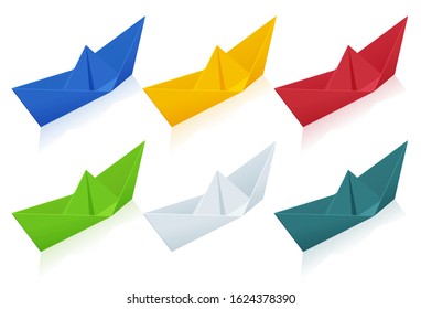 Isometric Colorize Set Of Origami Paper Boats On White Background.