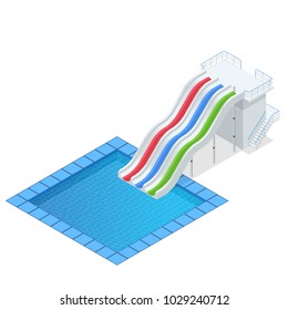 Isometric colourful water slide with pool, aquapark equipment, set for design. Swimming pool and water slides Vector illustration isolated on white background