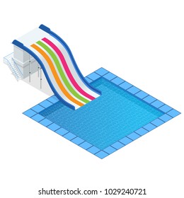 Isometric colourful water slide with pool, aquapark equipment, set for design. Swimming pool and water slides Vector illustration isolated on white background