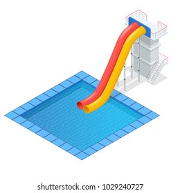 Isometric colourful water slide and tubes with pool, aquapark equipment, set for design. Swimming pool and water slides Vector illustration isolated on white background