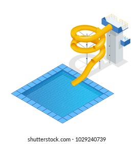 Isometric colourful water slide and tubes with pool, aquapark equipment, set for design. Swimming pool and water slides Vector illustration isolated on white background