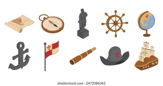 Isometric Columbus Day Collection Set