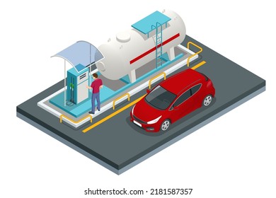 Isometric column with a hose for refueling car. Refueling Car fill with liquefied gas at gas station of car. Large cylindrical cylinder with natural gas.