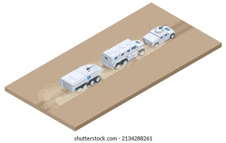 Isometric Column Of Military Equipment Rides On The Road. Military Army Vehicle Isolated Military Heavy Truck On White Background