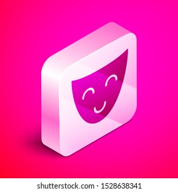 Isometric Comedy theatrical mask icon isolated on pink background. Silver square button. Vector Illustration