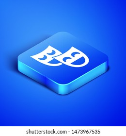 Isometric Comedy theatrical masks icon isolated on blue background. Blue square button. Vector Illustration