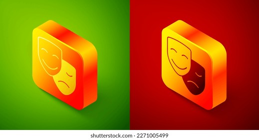 Isometric Comedy and tragedy theatrical masks icon isolated on green and red background. Square button. Vector