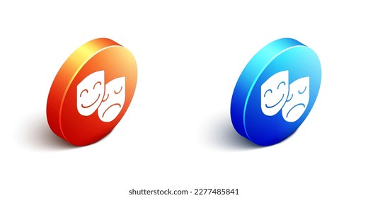 Isometric Comedy and tragedy theatrical masks icon isolated on white background. Orange and blue circle button. Vector