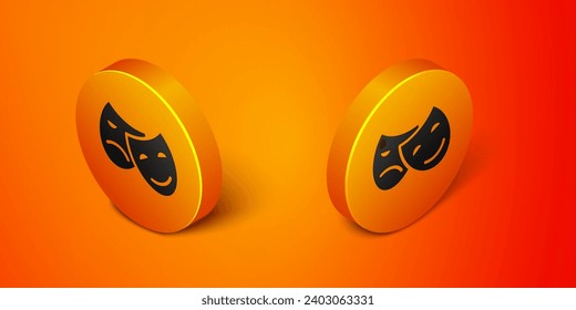 Isometric Comedy and tragedy theatrical masks icon isolated on orange background. Orange circle button. Vector