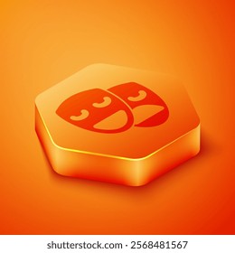 Isometric Comedy and tragedy theatrical masks icon isolated on orange background. Orange hexagon button. Vector