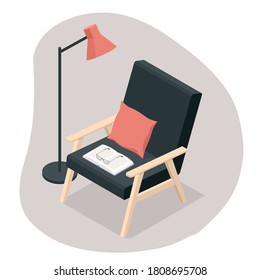 Isometric comfortable black wooden armchair with book and lamp isolated on white background. Interior poster.