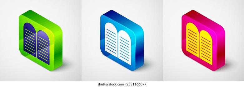 Isométrica O ícone de mandamentos isolado no fundo cinza. Conceito de lei de Deus. Botão quadrado. Vetor