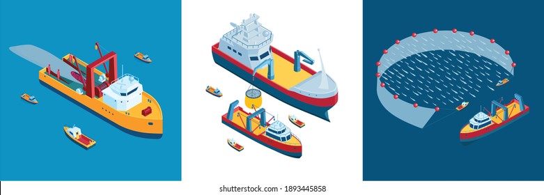 Isometric Commercial Fishing Design Concept With Square Compositions Of Big And Small Boats With Fish Net Vector Illustration