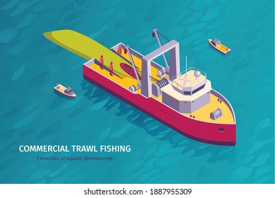 Isometric commercial fishing horizontal banner with open sea background and trawl boat with members of crew vector illustration