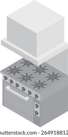 Fogão de cozinha comercial isométrico e imagem de exaustor de gama tipo caixa