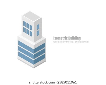 Isometric commercial and residential building. Modern architecture. Smart isometric building game assets. Business center building 3d render illustration with windows. Simple icon white colors.