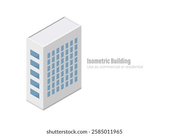 Isometric commercial and residential building. Modern architecture. Smart isometric building game assets. Business center building 3d render illustration with windows. Simple icon white colors.