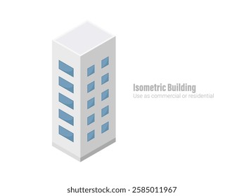 Isometric commercial and residential building. Modern architecture. Smart isometric building game assets. Business center building 3d render illustration with windows. Simple icon white colors.