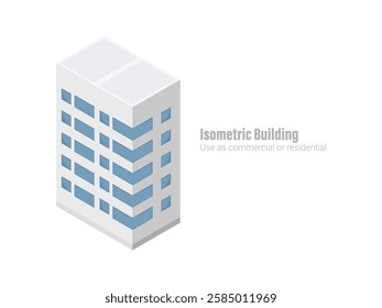 Isometric commercial and residential building. Modern architecture. Smart isometric building game assets. Business center building 3d render illustration with windows. Simple icon white colors.