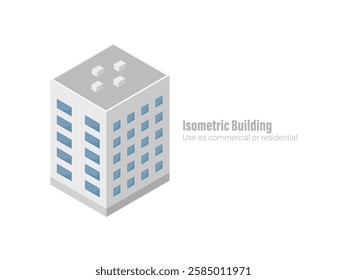 Isometric commercial and residential building. Modern architecture. Smart isometric building game assets. Business center building 3d render illustration with windows. Simple icon white colors.