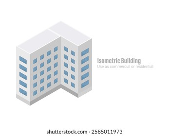 Isometric commercial and residential building. Modern architecture. Smart isometric building game assets. Business center building 3d render illustration with windows. Simple icon white colors.