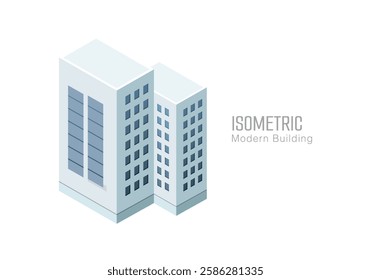 Isometric commercial and residential building. Modern architecture. Smart isometric building game assets. Business center building 3d render illustration with windows. Simple icon white colors.